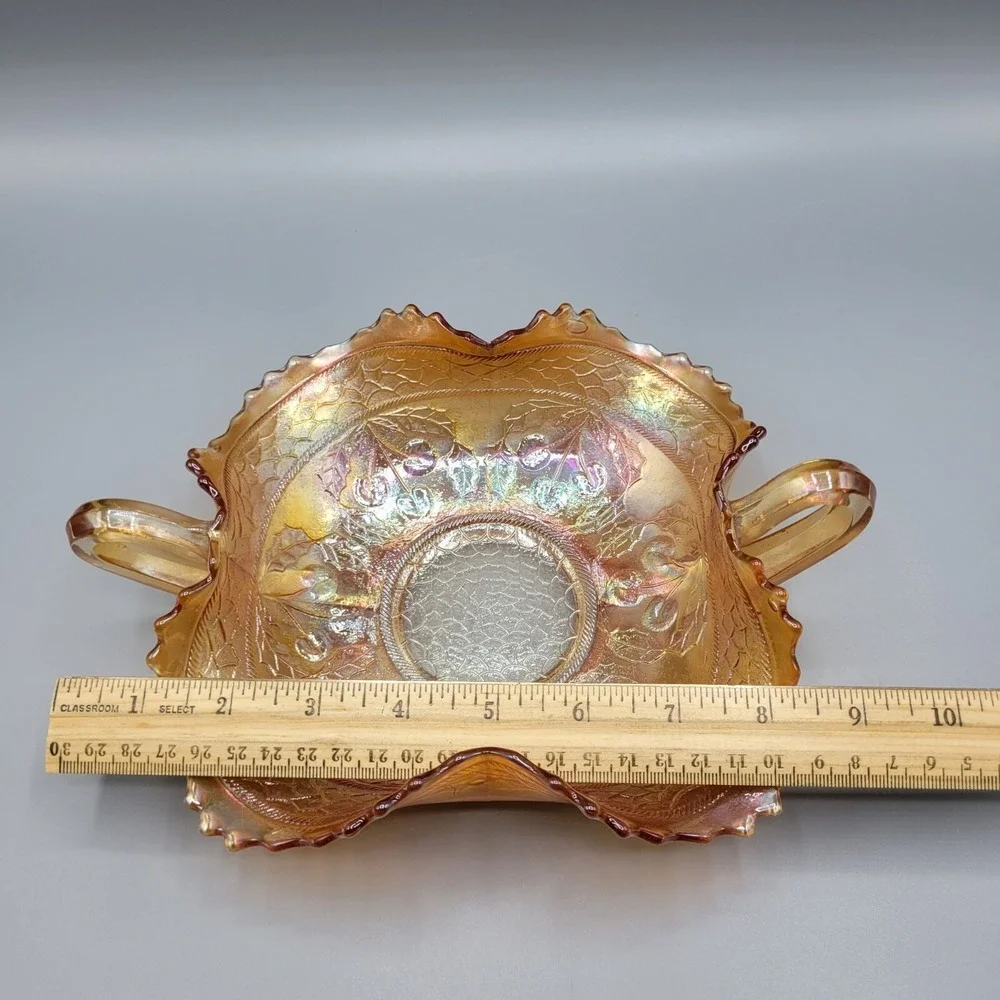 Vintage Fenton Marigold Carnival Iridescent Glass Handled Candy Dish Cherries
